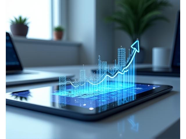Bir masanın üzerinde parlayan dijital para grafikleriyle çevrili bir tablet ve bilgisayar ekranları, finansal büyüme ve yatırım fikrini vurguluyor.