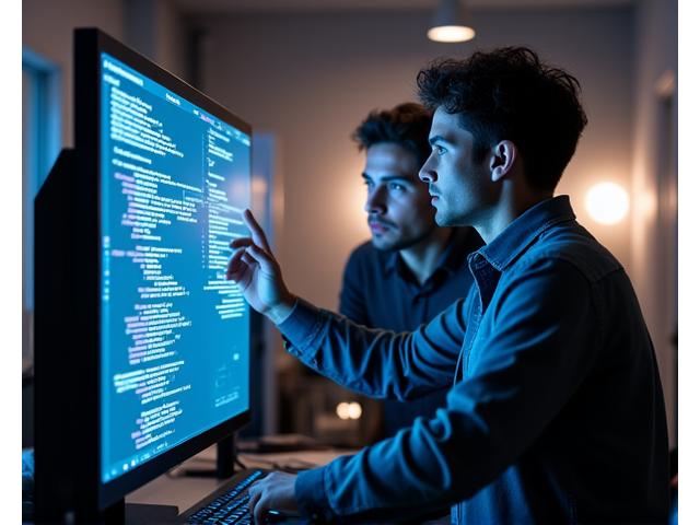 Bir mentor ve genç bir geliştiricinin bilgisayar ekranında kod incelerken bir araya geldiği, dinamik ve modern bir ofis ortamı.