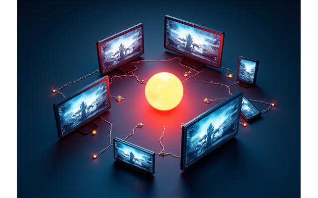 Farklı cihazlar (akıllı telefon, tablet, TV ekranı) bir oyun oturumunu sorunsuz bir şekilde gösteriyor. Arka planda eşzamanlı veri akışını simgeleyen ışıklı bağlantılar var.