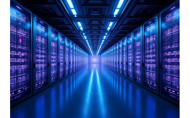Kurumsal bir ortamda, birden fazla ekran ve analitik paneli gösteren şık bir server odası veya veri merkezi. Odak noktası güvenlik ve ölçeklenebilirlik.