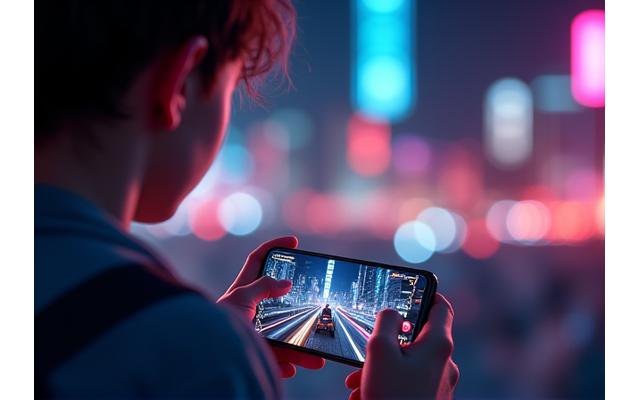 Bir kişi, akıllı telefonunda 5G üzerinden akıcı bir şekilde oyun oynuyor, arka planda neon parıltılar ve hızlı veri akışını temsil eden ışık izleri var.