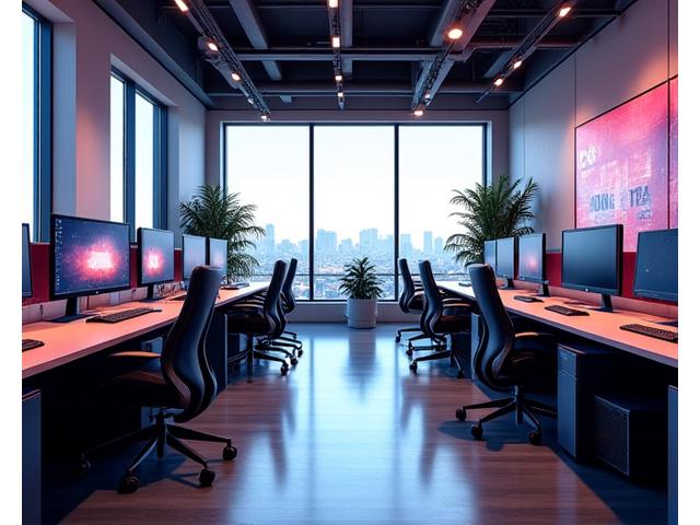 Gökada Oyun'un modern ve ferah ofis iç mekanından bir görünüm, odaklanma alanları ve ortak çalışma masaları.