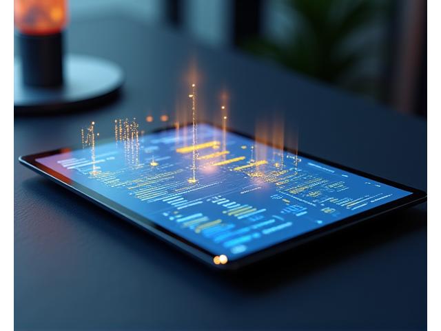 Dinamik ROI hesaplamalarını gösteren bir tablet ekranına yansıyan holografik gelir grafikleri