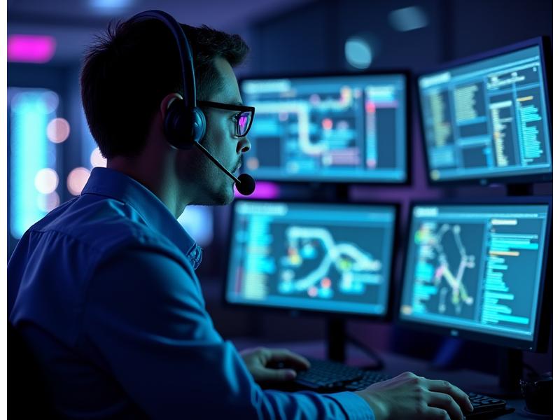 Kulaklıklı teknik destek temsilcisi, karanlık bir ofiste çoklu monitörler önünde çalışıyor, arkada network şemaları görünüyor.